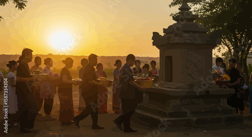 Monks and worshippers perform a Buddhist ceremony at a golden sunset temple