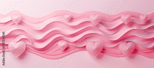  Abstract valentine's day card design with paper-cut hearts on pink waves