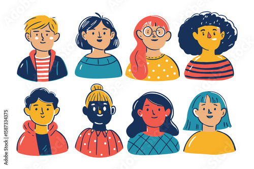 Cheerful Collection: A charming array of illustrated faces, showcasing diverse expressions, each brimming with unique personality and charm, set against a delightful, bright aesthetic.