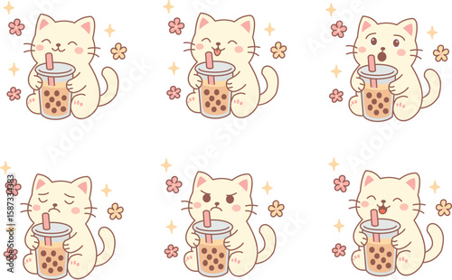 Cute Cat Boba Drink Character Set with Various Facial Expressions