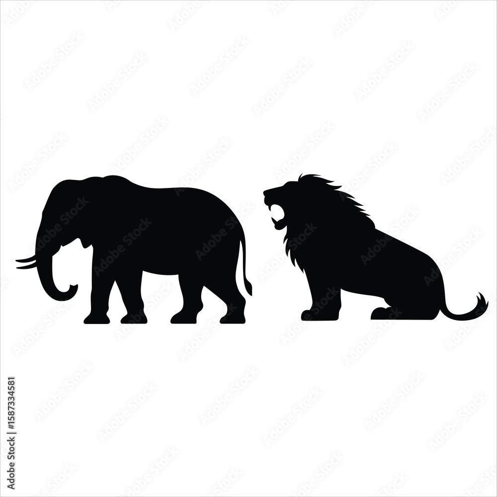 Fototapeta premium Elephant & lion Silhouette Vector Design, elephant icon illustration, Wild African Elephant Silhouette, set black silhouette vector