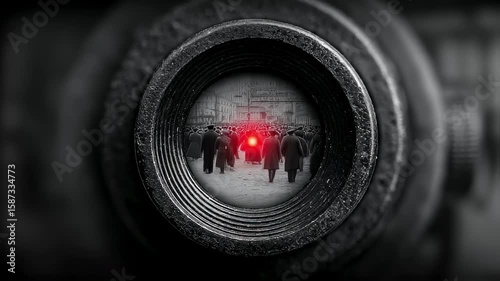 A closeup of an oldfashioned viewfinder displaying a nostalgic scene through its eyepiece populated by sepiatoned images of historical events. The recording indicator is illuminated