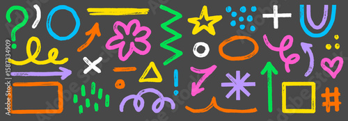 Brush stroke arrow, asterisk, geometric shape set. Hand drawn paint stroke, arrow, blob dot wave with grunge texture. Abstract round element, cute modern shape kid background. Vector illustration