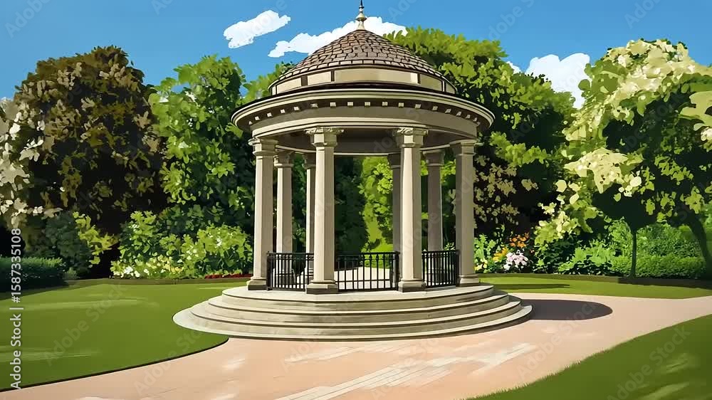Elegant gazebo surrounded by lush greenery and vibrant flowers in a serene park setting (1)