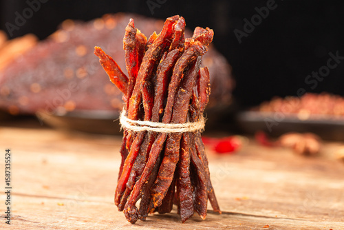 Beef strips, finely chopped beef jerky