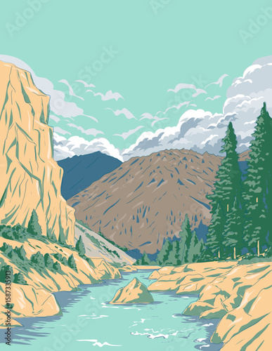 WPA style ukiyo-e or ukiyo illustration of Arkansas River within Browns Canyon National Monument in Chaffee County, Colorado in the USA done in retro works project administration style.