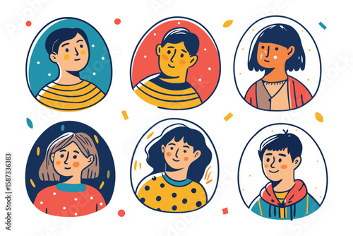 Diverse Avatar Set: Collection of six unique hand-drawn avatars, showcasing diverse characters with varying hairstyles, clothing styles, and expressions, ideal for social media, website design.