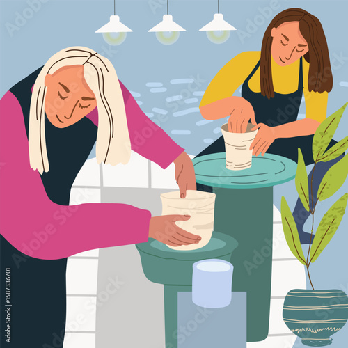 Pottery composition in flat design. Hand drawn vector illustration .