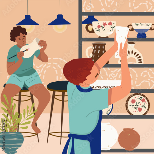 Pottery composition in flat design. Hand drawn vector illustration .