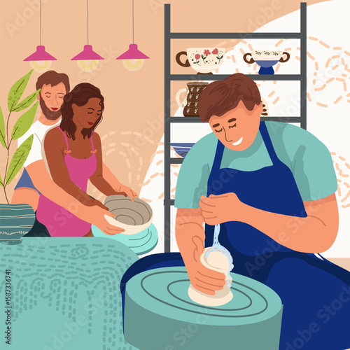 Pottery composition in flat design. Hand drawn vector illustration .