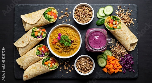 Vibrant Vegan Feast: Lentil Soup, Wraps, Smoothie, and Granola on Slate