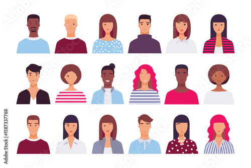 Diverse Portrait Collection: A vibrant array of people illustrations showcase a diverse range of individuals, each with unique features and expressions.