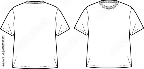 Flat sketch basic crew neck t-shirt design, front and back view, short sleeve, vector outline, unisex casual apparel template