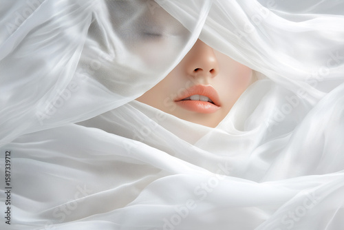 Serene beauty portrait of a young woman with soft white fabric drapes