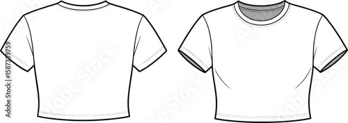 Flat fashion sketch of women's crop t-shirt with short sleeves, crew neck, layered collar detail, front and back technical view