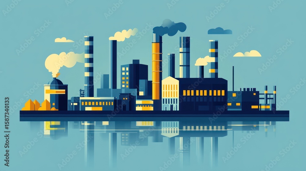 Obraz premium Industrial factory complex reflected in water