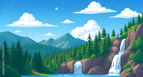 mountain waterfall landscape, mountain lake, waterfall in mountains, alpine landscape, scenic mountain view, waterfall vector, lake vector, nature scenery, mountain scenery, waterfall illustration, la