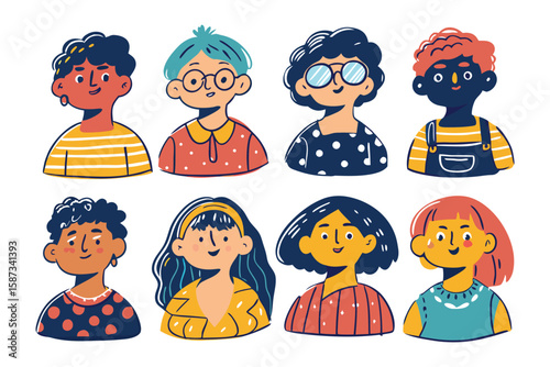 Diversity Portrait: A collection of charming illustrated faces representing a vibrant range of human diversity, capturing the essence of different cultures and identities.