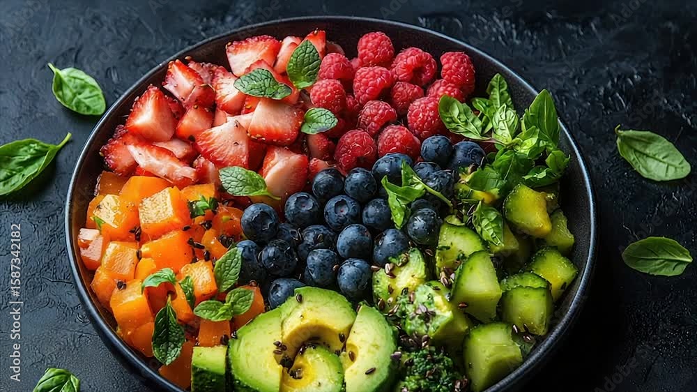 Vibrant fruit & veggie bowl; strawberries, raspberries, blueberries, avocado, cucumber, & butternut squash