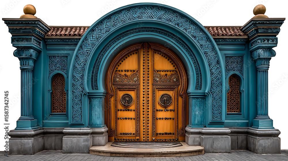 Obraz premium Ornate teal archway framing grand wooden doors with intricate metalwork