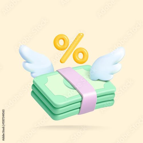 Stack of green 3D money with wings and golden percent sign above, representing finance, savings, discount, or banking promotion.
3D vector illustration