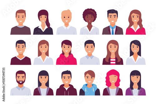 Diverse Avatar Collection: A collection of avatar icons with a diverse group of individuals, each representing unique personalities and characteristics in a flat, colorful style.