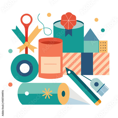 Creative flat design featuring colorful crafting elements ideal for decoration and artistic project concepts with scissors and supplies.