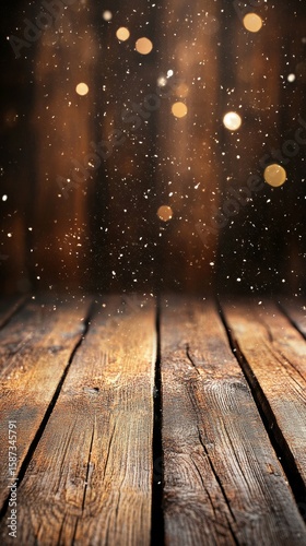 Rustic Wooden Surface with Falling Snow and Bokeh Lights for Winter Background