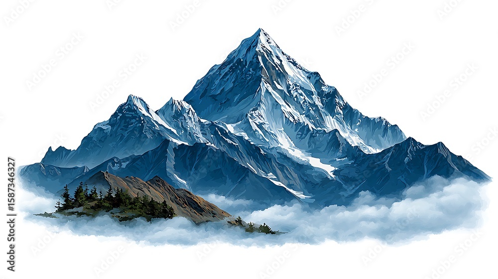 Fototapeta premium Majestic snow capped mountain range emerging from soft white clouds