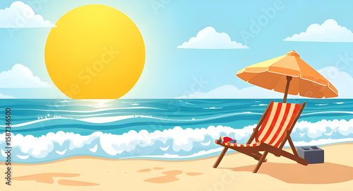 beach scene with chair and umbrella, beach chair umbrella illustration, seaside chair and umbrella, summer beach relaxation scene, sandy beach chair, ocean beach umbrella, beach vacation illustration,