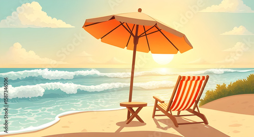 beach scene with chair and umbrella, beach chair umbrella illustration, seaside chair and umbrella, summer beach relaxation scene, sandy beach chair, ocean beach umbrella, beach vacation illustration,