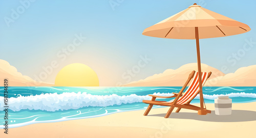 beach scene with chair and umbrella, beach chair and umbrella illustration, summer beach relaxation scene, tropical beach chair umbrella, seaside vacation illustration, beach lounge chair scene, ocean