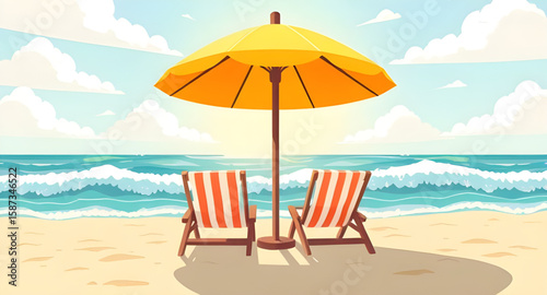 beach scene with chair and umbrella, beach chair and umbrella illustration, summer beach relaxation scene, tropical beach chair umbrella, seaside vacation illustration, beach lounge chair scene, ocean