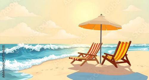 beach scene with chair and umbrella, beach chair and umbrella illustration, summer beach relaxation scene, tropical beach chair umbrella, seaside vacation illustration, beach lounge chair scene, ocean