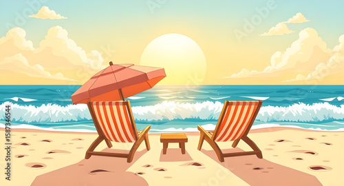 beach scene with chair and umbrella, beach chair and umbrella illustration, summer beach relaxation scene, tropical beach chair umbrella, seaside vacation illustration, beach lounge chair scene, ocean