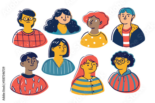 Diverse Portraits: A collection of illustrated portraits, each showcasing unique features, representing various individuals with distinct characteristics, embodying diversity and inclusivity.