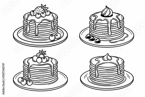 Four stacks of pancakes, each on a plate, topped with syrup and various toppings including berries and cream.