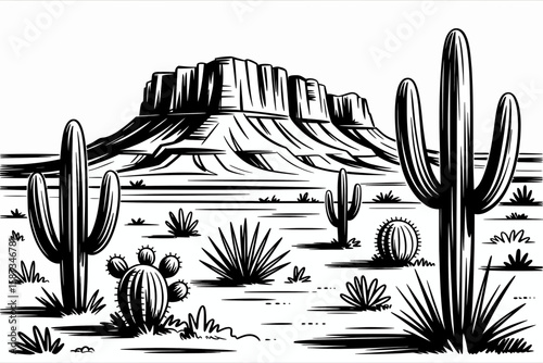 Black and white illustration of a desert landscape with cacti and a mesa in the background, rendered in a high-contrast, graphic style.