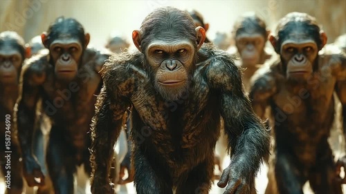 Chimpanzee troop advances, intense gaze