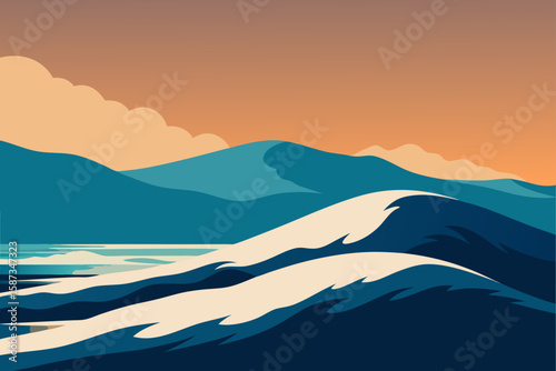 Hand on a mountain peak at sunrise, with a vast landscape and blue sky in the background