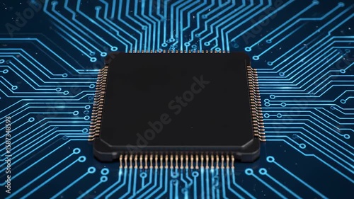 Microchip on Circuit Board, Futuristic Processor, Technology Electronics Concept

