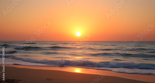 beach landscape, sun setting over sea, ocean twilight, palm trees sunset, warm beach light, romantic sunset, golden hour beach, vacation sunset, beach waves at sunset, calm ocean, beach background, se