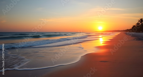  coastal sunset, seaside view, beach landscape, sun setting over sea, ocean twilight, palm trees sunset, warm beach light, romantic sunset, golden hour beach, vacation sunset, beach waves at sunset, c