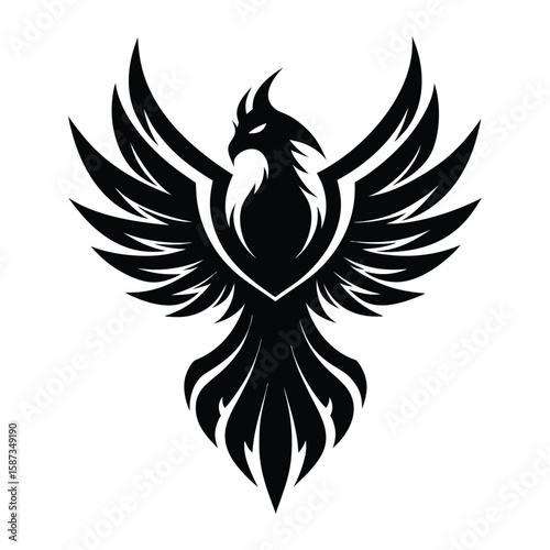 Black phoenix bird with spread wings and sharp claws logo design mythical creature