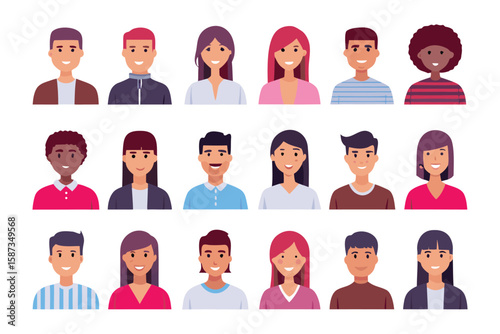 Diverse Avatar Collection: A vibrant collection of avatars, each personifying a unique individual with varied hairstyles and attire. Emphasizing diversity and inclusion.