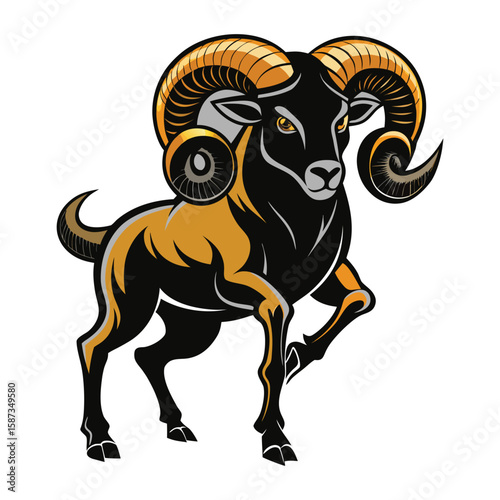 Stylized black ram with golden horns and accents on white background sheep animal