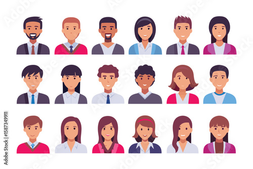 Diverse Avatar Portraits: A collection of various portrait icons with diverse individuals, showcasing a multitude of expressions, styles, and personalities.