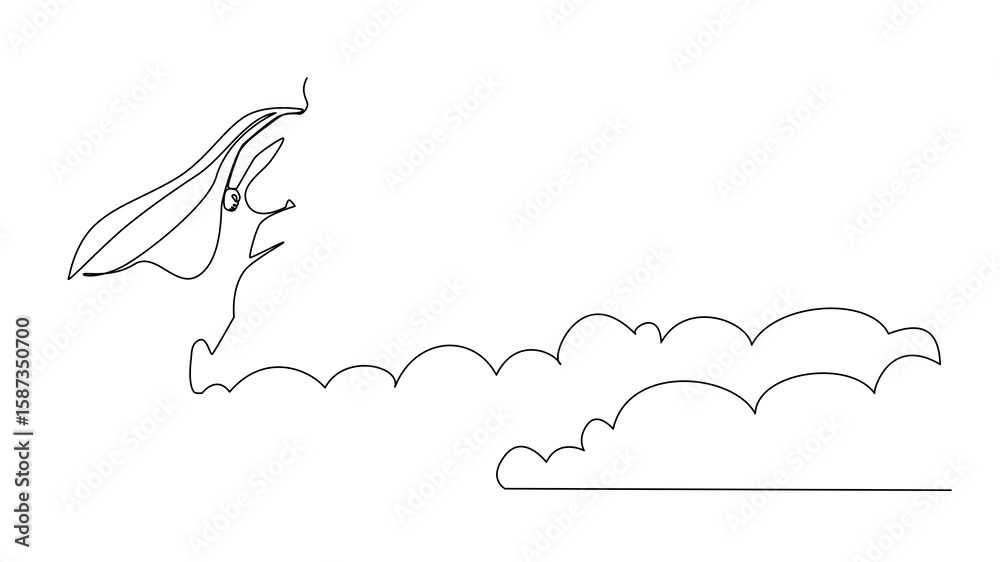 Animated self drawing of single one line drawing super Arabian businesswoman flying up from cloud. Business leadership. Business finance success concept. Creative idea. Full length animation