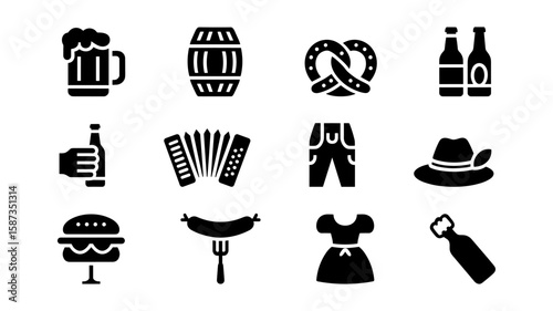 Collection of oktoberfest icons including beer food and traditional clothing isolated on white background