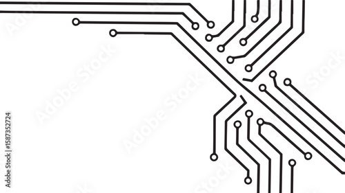 The image shows a section of a circuit board with lines and circular pads, framed by a blue border.
